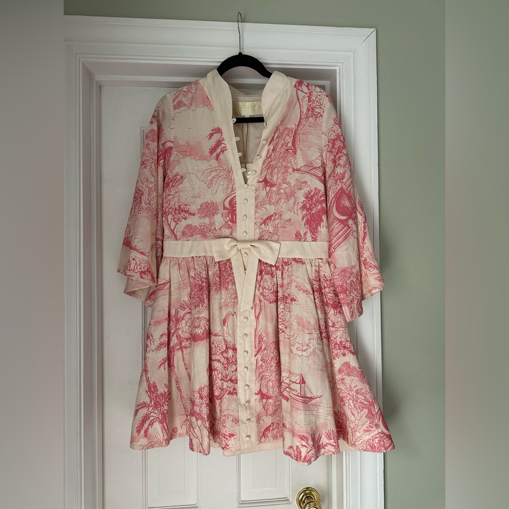 Mestiza New York Carmen Dress Pink/Ivory Toile 55% Linen, 45% Cotton NWT Size 12